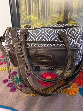 UnionBay Navy White Patterned Crossbody with Brown Trim, a little bling